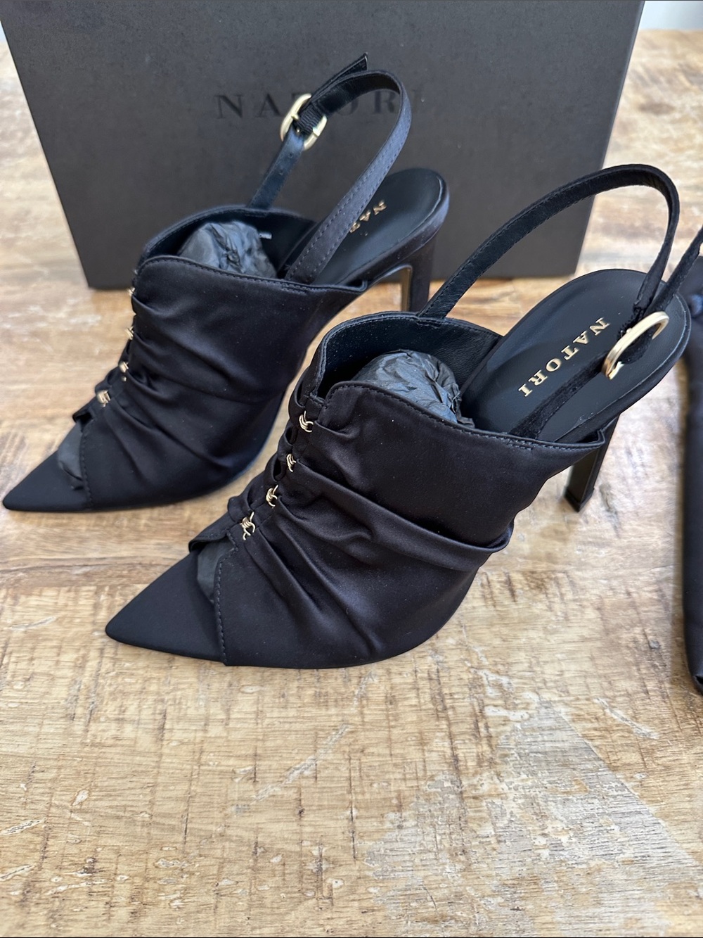 Natori Black Satin Ruched Peep-Toe Slingback Heels with Gold Accents